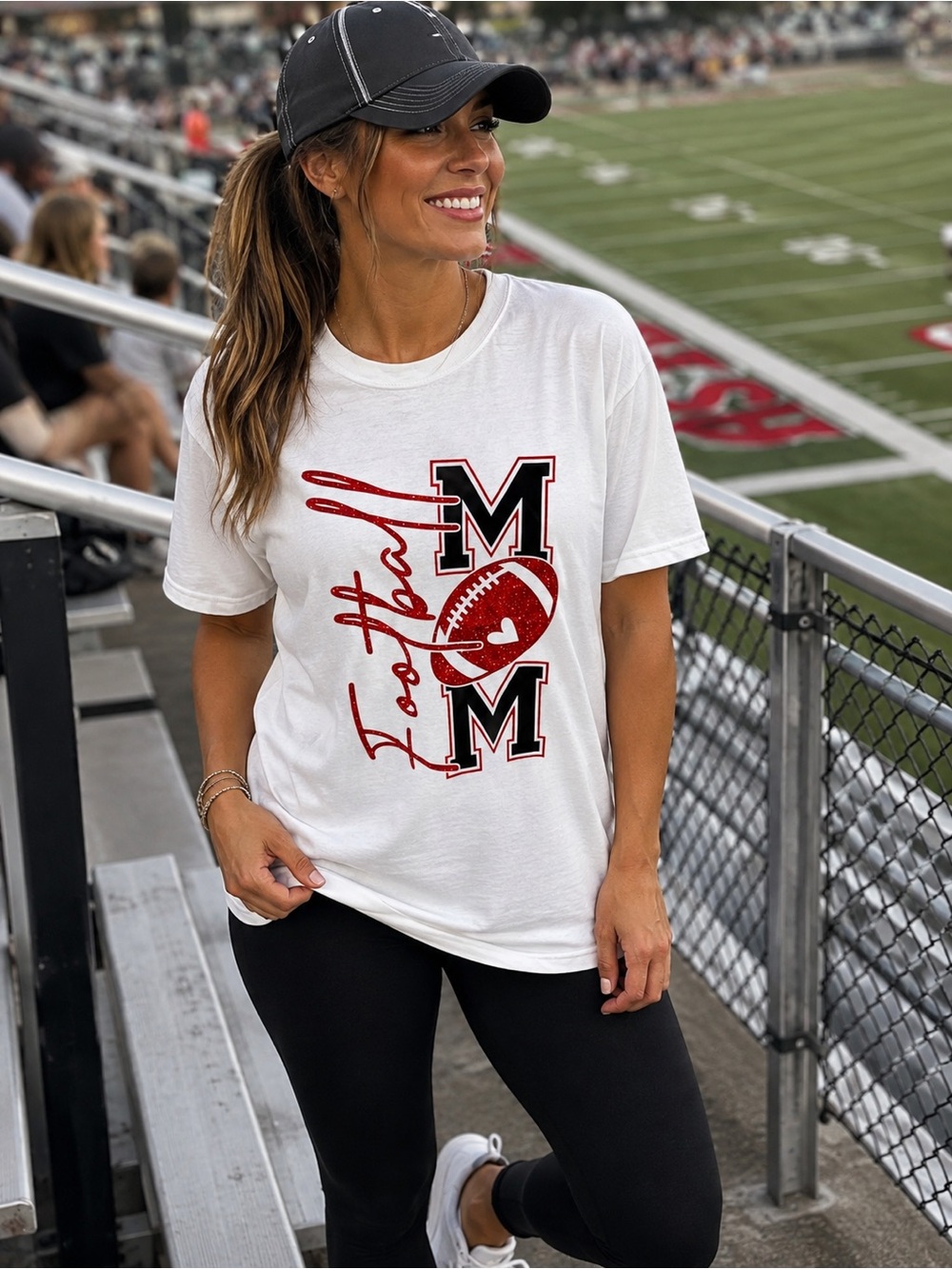 White 'Football Mom' Graphic Tee with Red & Black Print